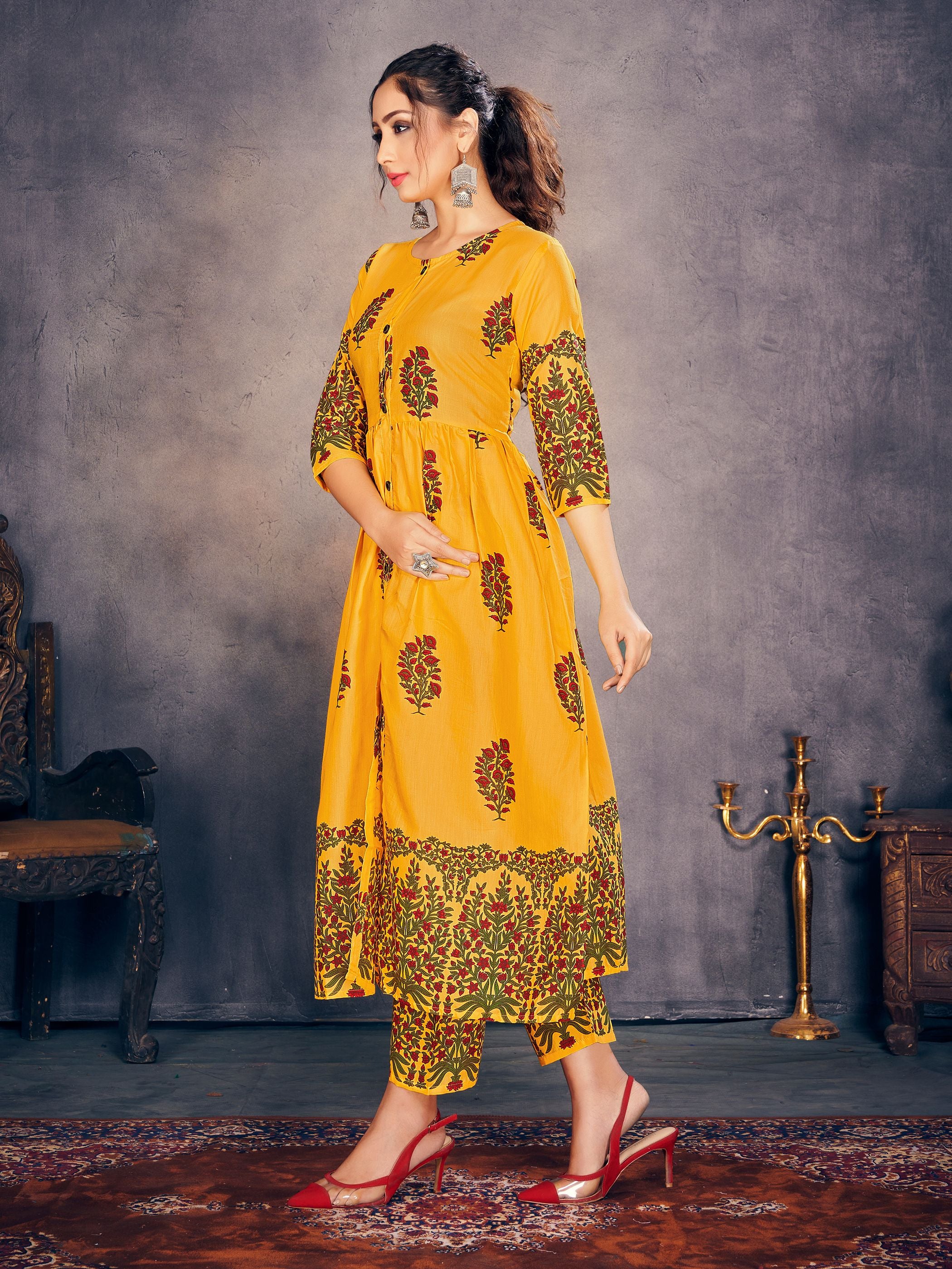 Party Wear Kurti Yellow Color Rayon Block Print Dress For Party