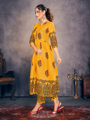 Party Wear Kurti Yellow Color Rayon Block Print Dress For Party