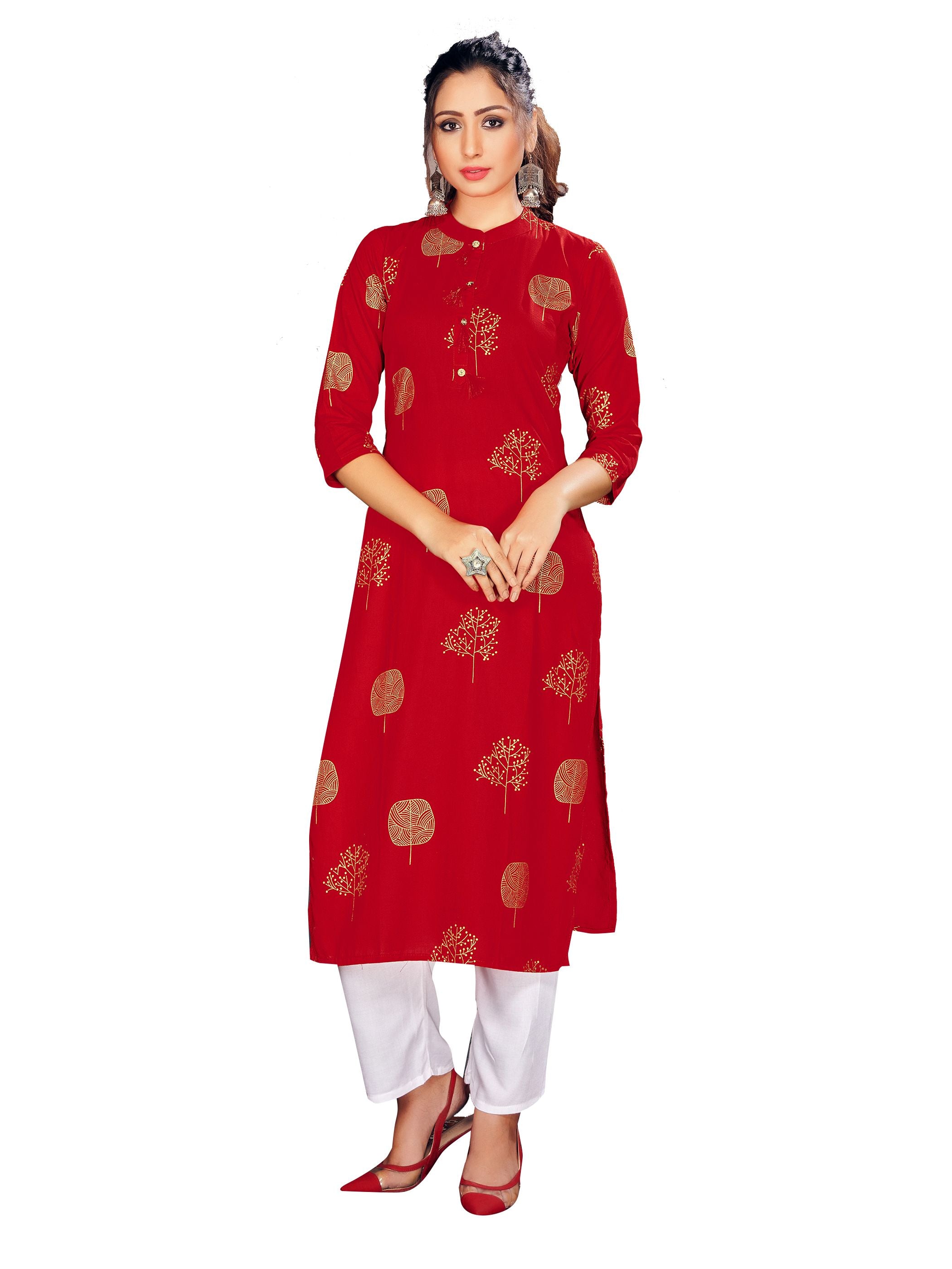 Party Wear Kurti Red Color Rayon Foil Print Dress For Party