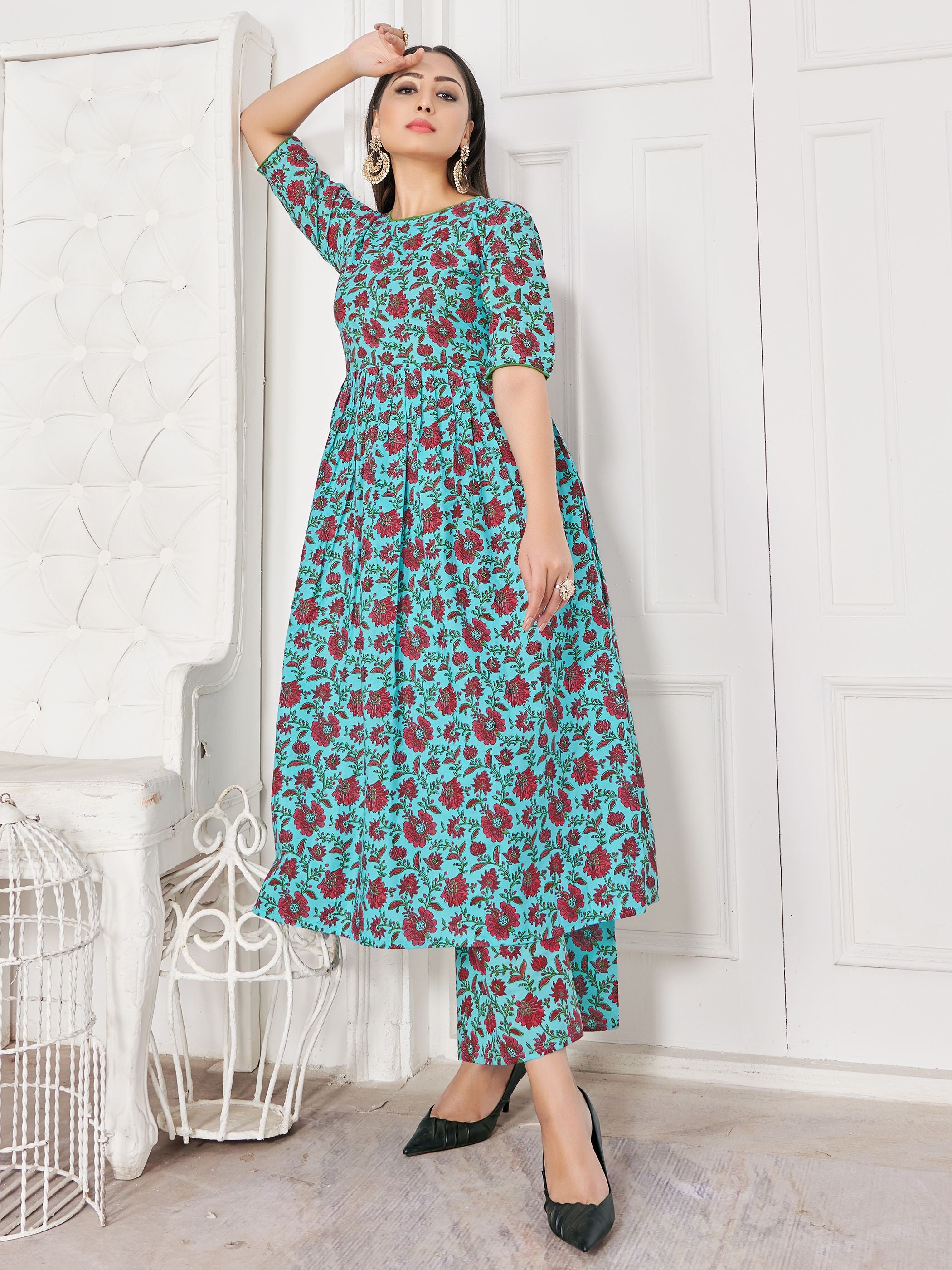 Party Wear Kurti Teal Color Rayon Block Print Dress For Party