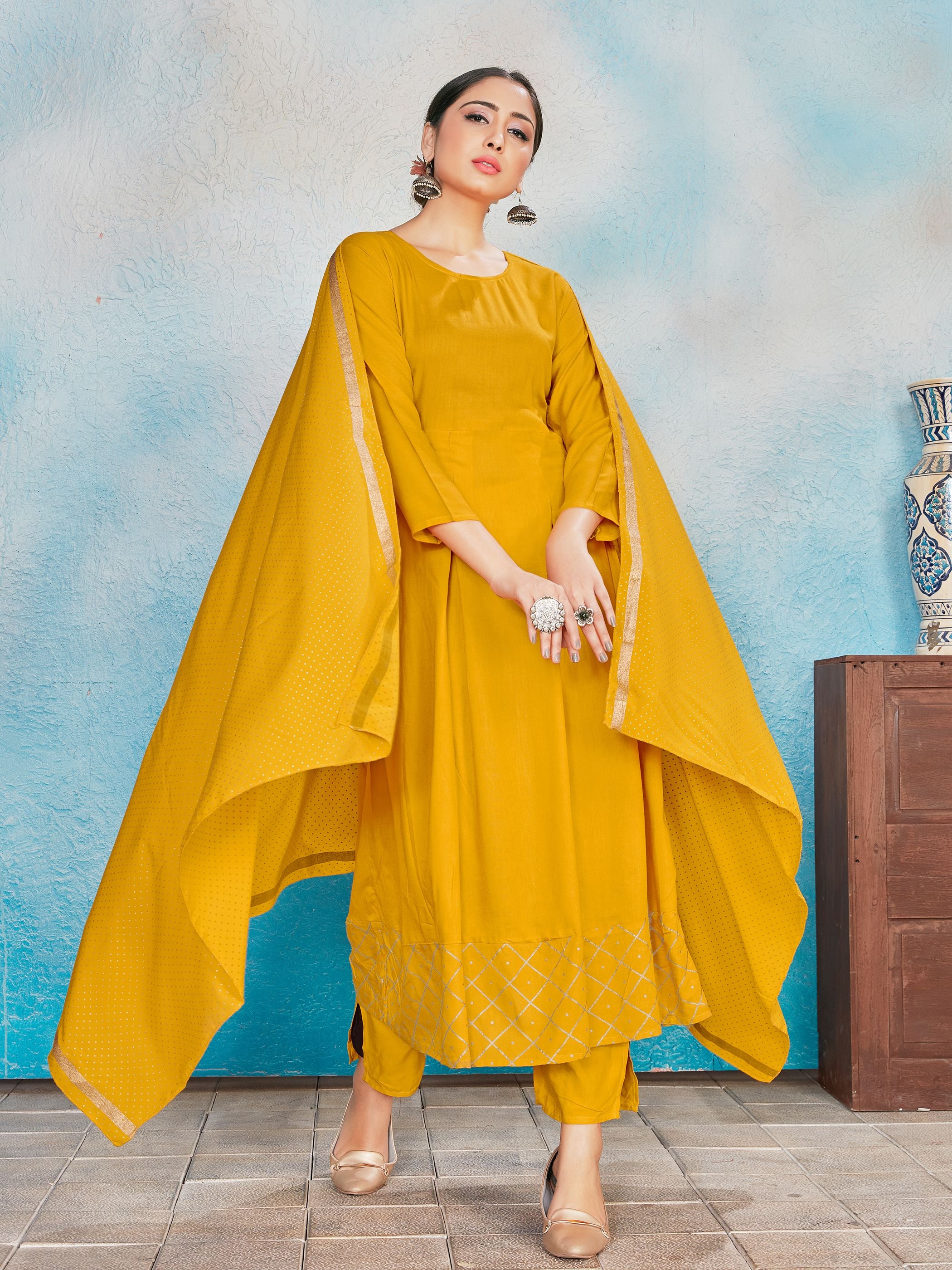 Kurta Set Yellow Color Rayon Foil Print Dress For Ceremonial