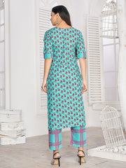 Party Wear Kurti Turquoise Color Rayon Block Print Dress For Party