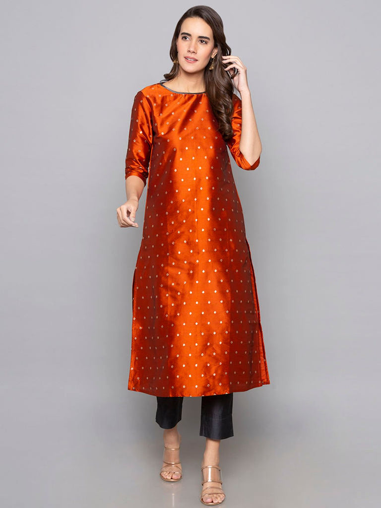 Designer Kurtis Rust Color Art Silk Woven Dress For  Diwali