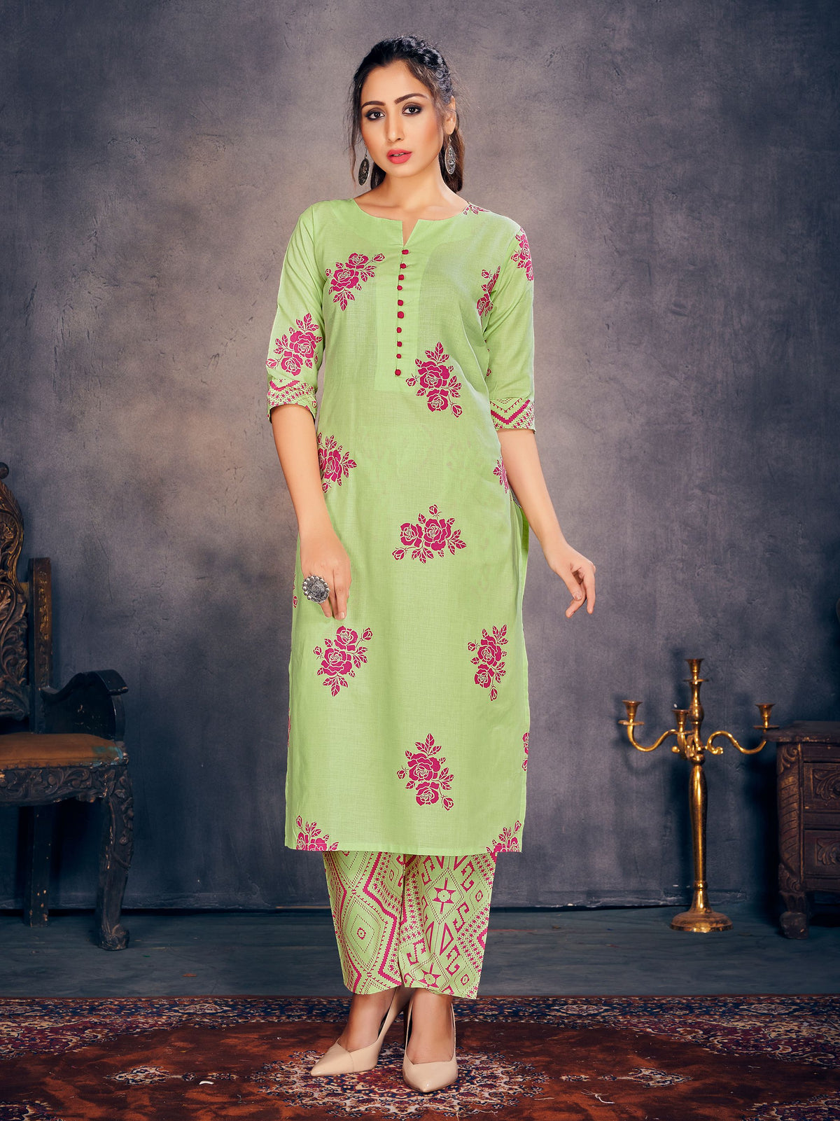 Party Wear Kurti Green Color Rayon Block Print Dress For Party