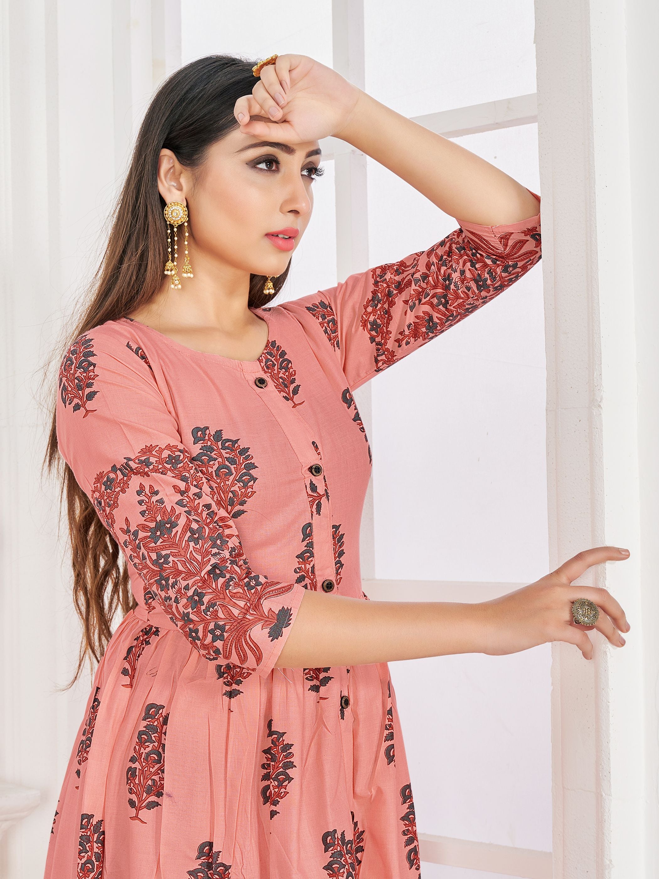 Party Wear Kurti Peach Color Rayon Block Print Dress For Party