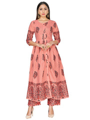 Party Wear Kurti Peach Color Rayon Block Print Dress For Party