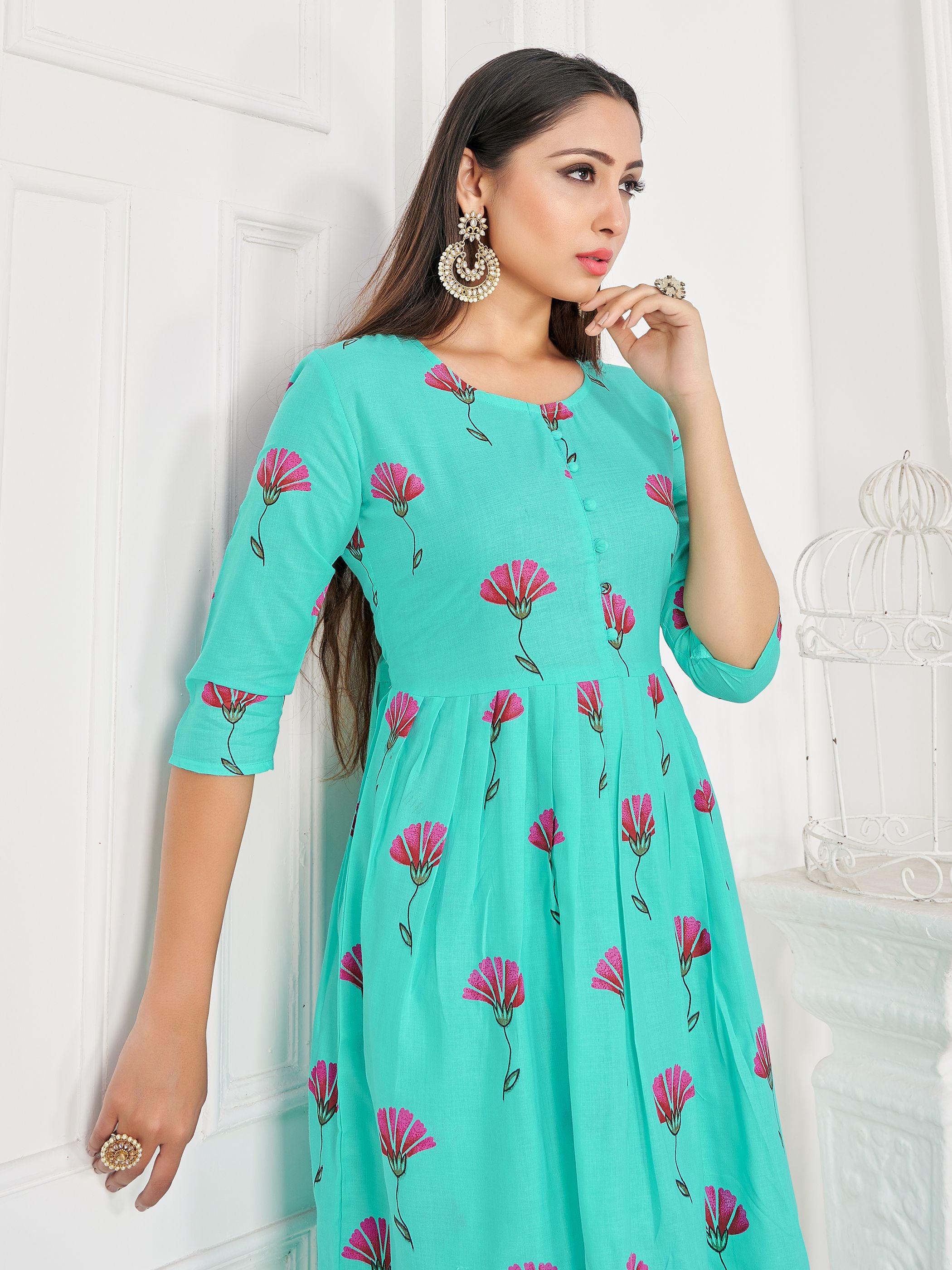 Party Wear Kurti Sky Blue Color Rayon Block Print Dress For Party