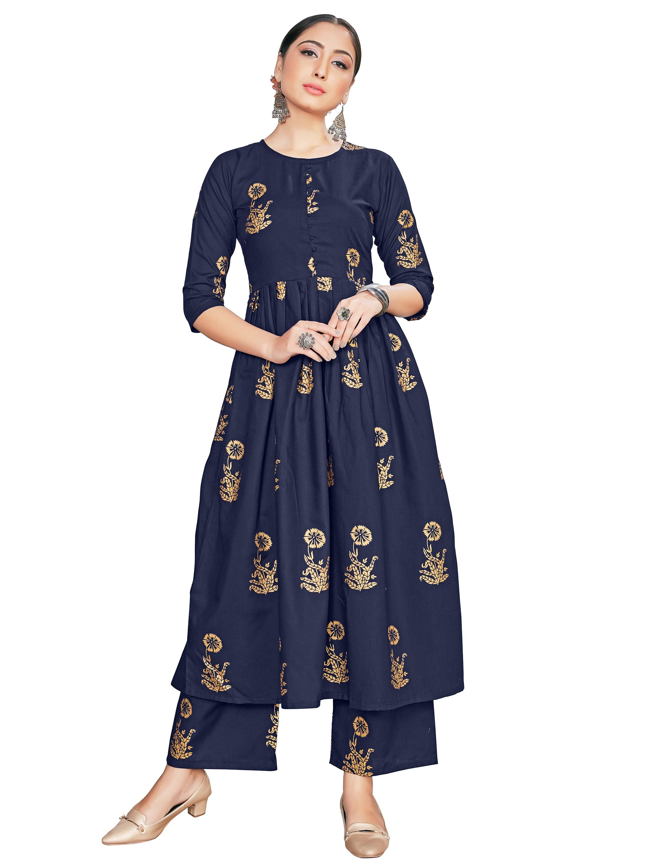 Kurta Set Navy Blue Color Rayon Foil Print Dress For Ceremonial