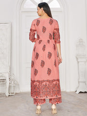 Party Wear Kurti Peach Color Rayon Block Print Dress For Party