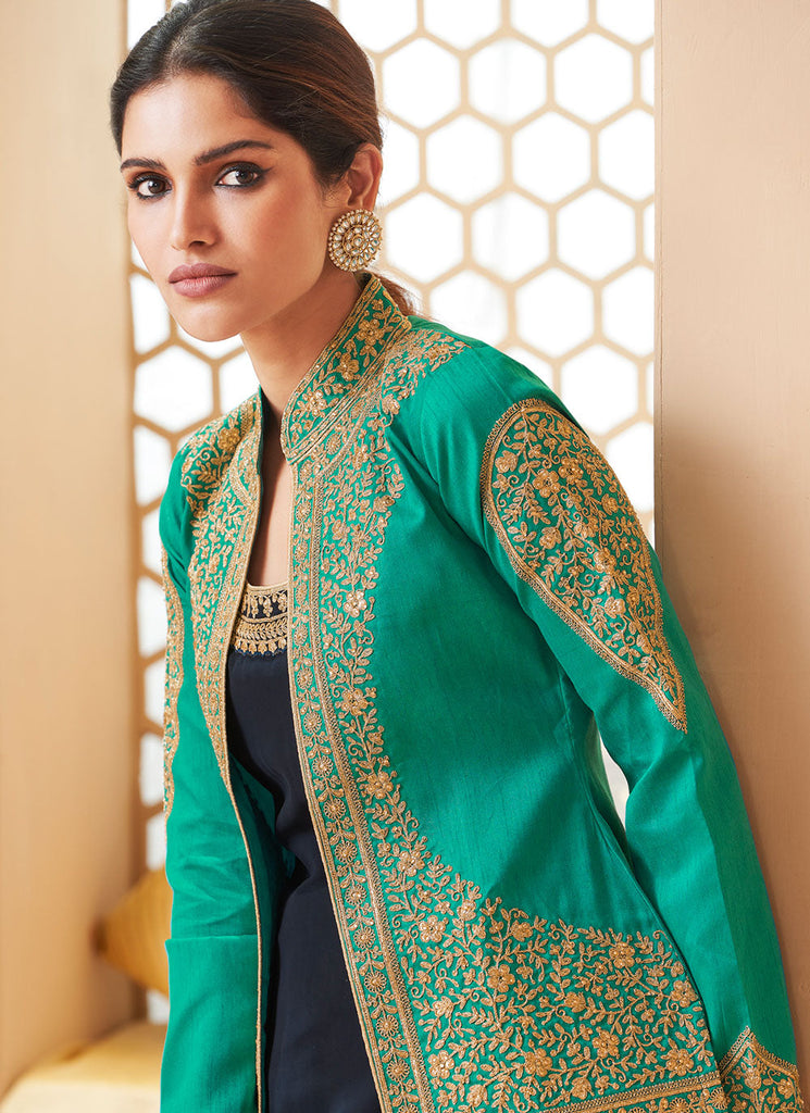 Navy Blue Faux Georgette Embroidered Jacket Style Suit